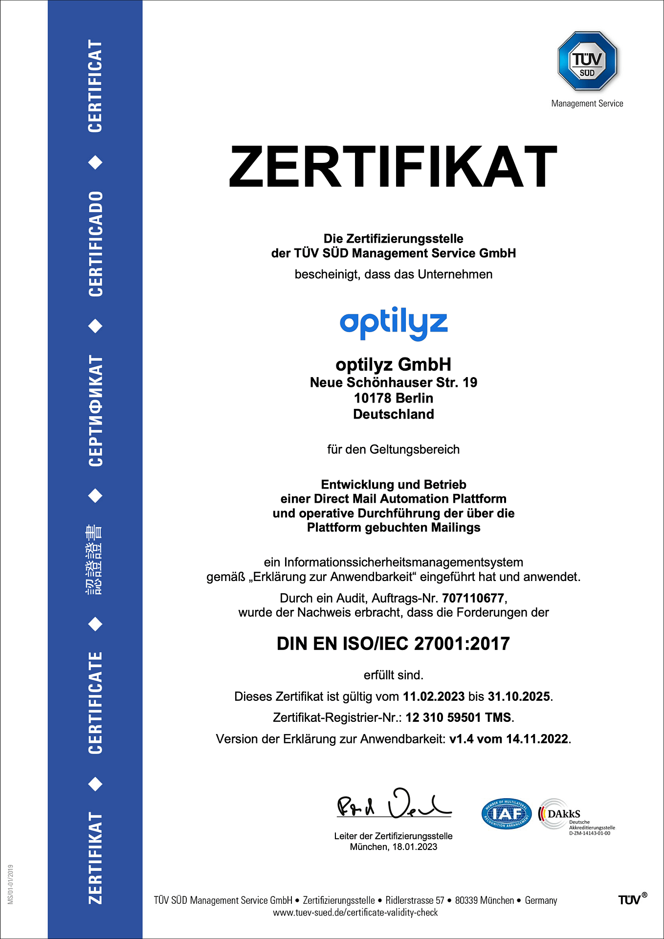 ISO 27001 Zertifikat optilyz GmbH
