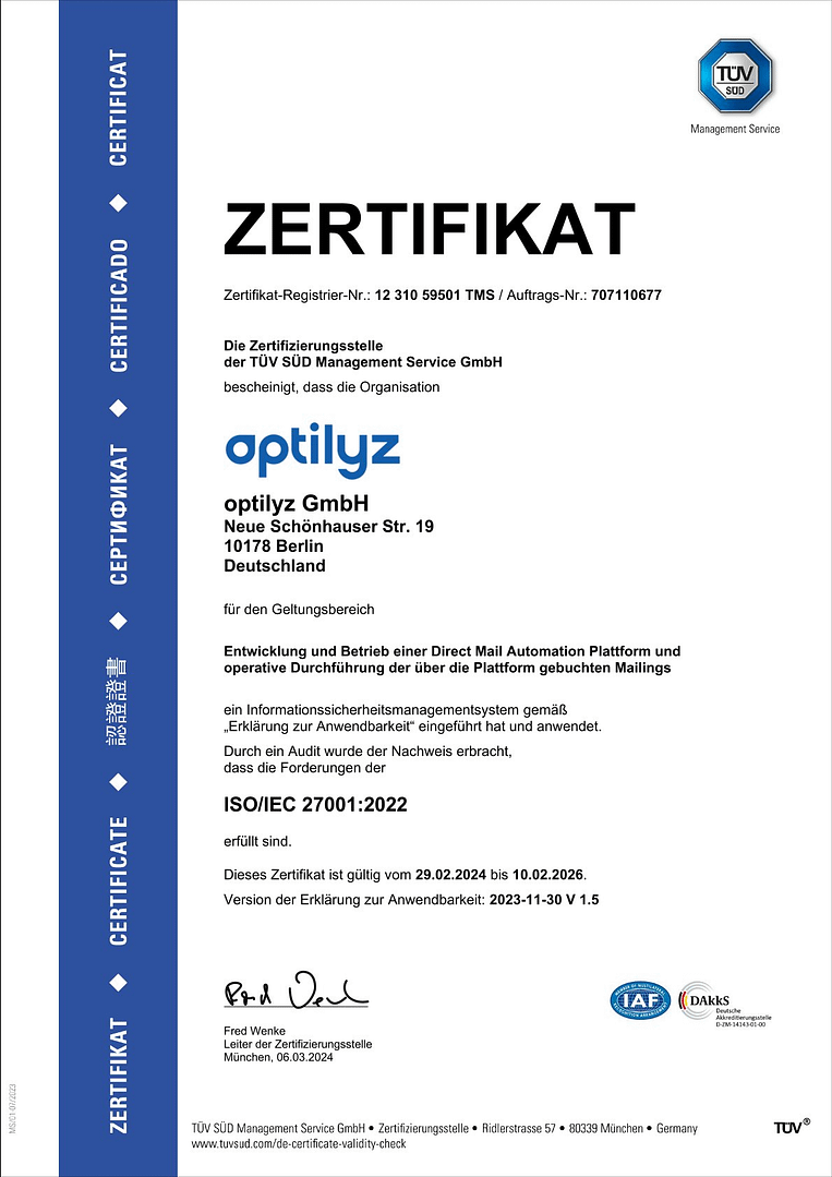 optilyz GmbH_ISO 27001 Zertifikat TÜV Süd